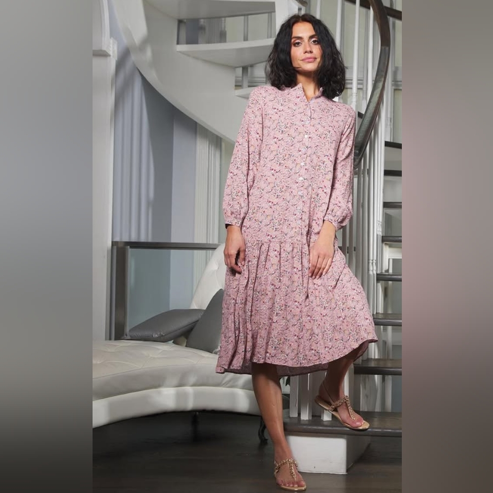 Floral Dusty Rose Pink Midi Button Up Dress With Drop Waist And Pleated Skirt